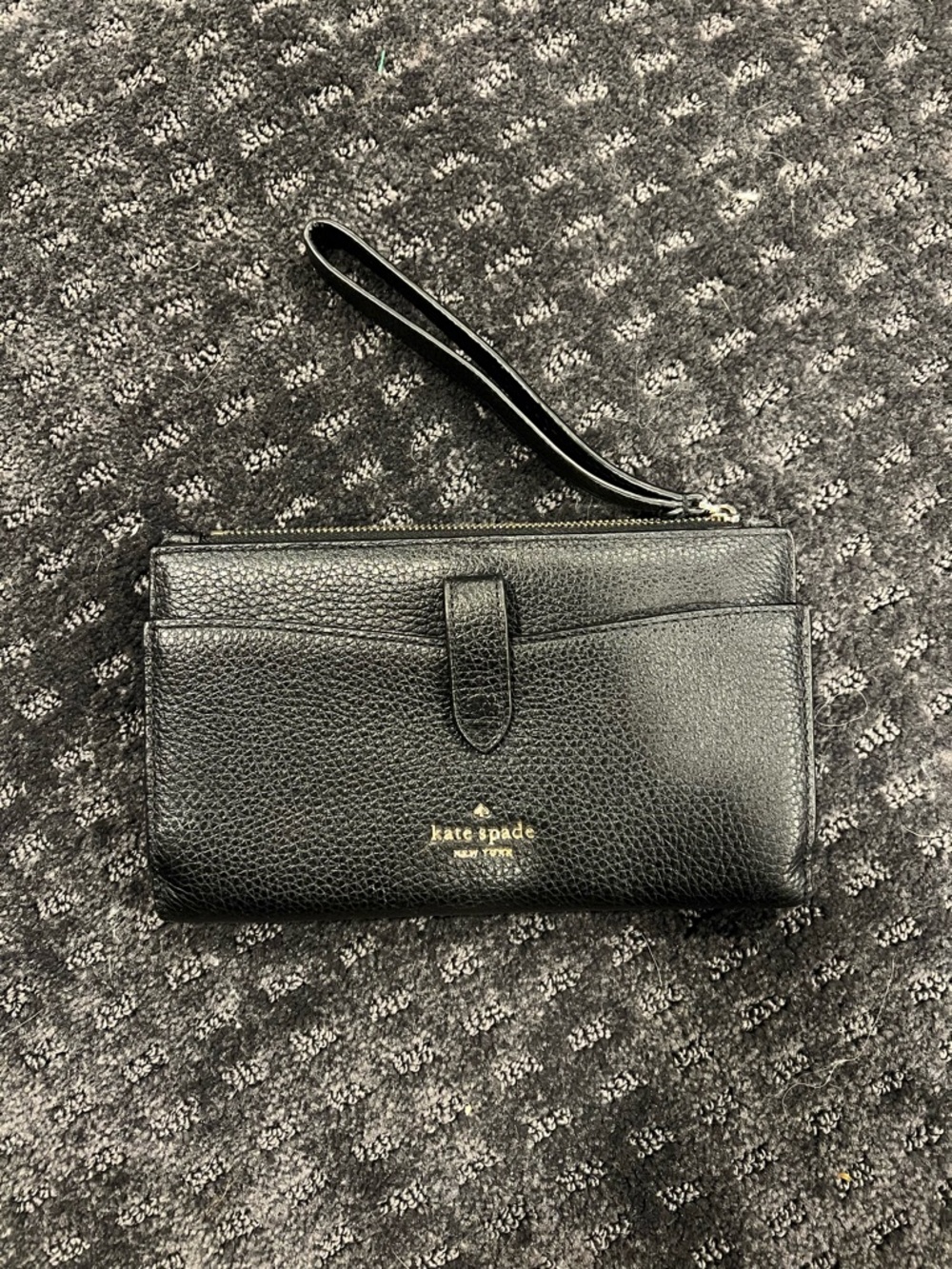 kate spade Black Pebbled Leather Wristlet Wallet with Gold Logo